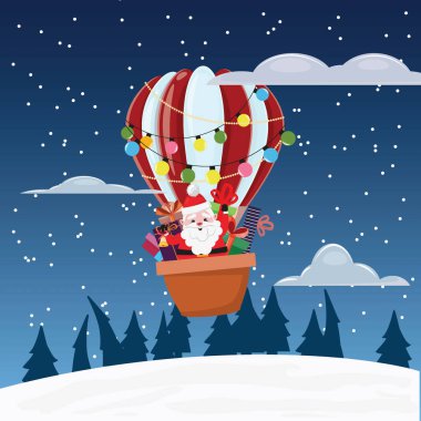 Tatlı Noel Baba sıcak hava balonuyla uçuyor ve hediye kutuları getiriyor. Geceleri gökyüzünde uçan bir Noel Baba ile kış tatili illüstrasyonu