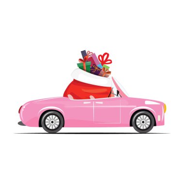 Açık çatılı pembe bir araba ve hediyelerle dolu kırmızı bir Noel Baba çantası. Noel illüstrasyonu 