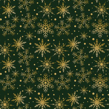 Koyu yeşil arka planda altın lüks kar taneleri olan kusursuz bir desen. Tekstil, peper, duvar kağıdı için harika bir tasarım.