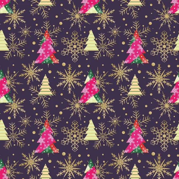 Soyut, pürüzsüz desenli, süslenmiş, kar taneli geometrik ağaçlar. Mor Noel deseni.