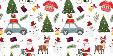 Noel Baba, kardan adam, ren geyiği, araba ve Noel elementleriyle çizgi film desenleri. Tekstil, kağıt, duvar kağıdı, hediye kağıdı.