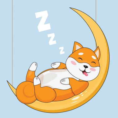 Şirin Shiba Inu karakteri sarı bir ayda uyuyor ve rüya görüyor. Posterler, kartlar, bebek odası