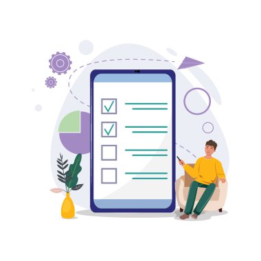 Görevleri için cep telefonunu kullanan bir adam. İş, yapılacaklar listesi, gündem, hedefler, görevler, zaman yönetimi, planlama konsepti illüstrasyonu