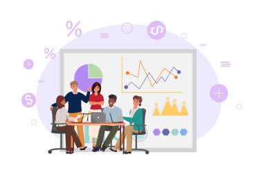 Masadaki çeşitli gençlerin toplantı yaptığı iş konsepti çizimi. Arkaplanda grafikler, analizler, veriler.