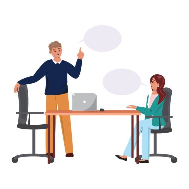 Masadaki çizgi film karakterleri tartışıyor. Bir kadın ve bir erkekle modern illüstrasyon.