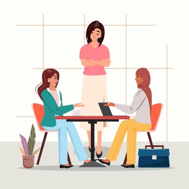 Kültür birliğini temsil eden üç farklı iş kadını. İşbirliği, iş dünyası, takım, kapsama, çeşitlilik konsepti illüstrasyonu 