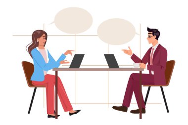 Takım elbiseli kadın ve erkek kahve içip iş konularını tartışıyorlar, takım çalışması ve ofis dinamiklerini örnek gösteriyorlar. Gençlerle iş konsepti çizimi