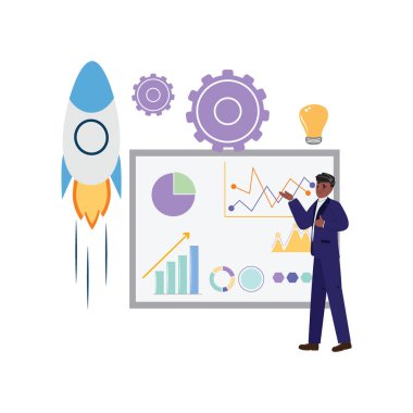 Mor takım elbiseli siyah adam veri, analiz ve çizelge sunuyor. Girişimcilik ruhunu ve başlangıç dehasını somutlaştırıyor. Başlangıç projesinin sembolü olarak roket. Yenilik, vizyon ve stratejik iş planlaması