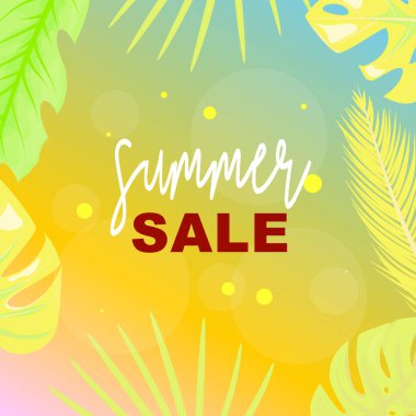 Tropiklerin cazibesiyle yaz indirimi promosyonu. Canlı ve gür tropikal yapraklarla süslenmiş şablon