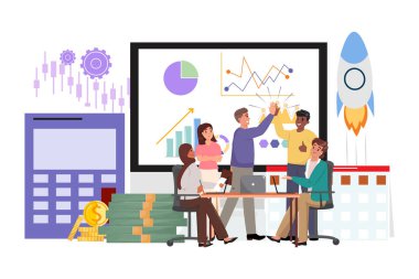 Çalışma masasında birleşen bir grup meslektaşla işbirliği, başlangıç, proje, başarı konsepti illüstrasyonu. İki adam beşlik çakar, başarılı bir anlaşmayı ya da başlangıç zaferini simgeler.