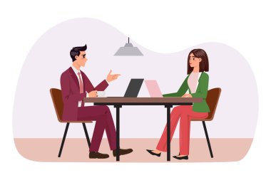 Takım elbiseli bir adam, dizüstü bilgisayarı üzerinde özenle çalışan bir kadınla konuşurken kahve molasından zevk alır. İş, üniversiteler, takım, iş, ofis konsepti illüstrasyonu