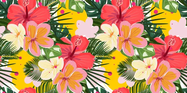 Kusursuz çiçek deseni. Soyut sarı arka planda palmiye yaprakları, canavarlar, amberçiçeği ve frangipani bulunur. Tekstil, kağıt, kart, baskı ve duvar kağıtlarını yükseltmek için mükemmel
