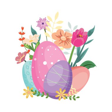Canlı çiçekler ve narin yapraklarla süslenmiş yumurtalar. Parmak izi için, kart. Paskalya tasarım elementleri