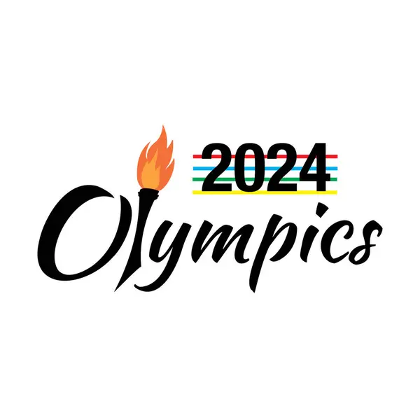 Paris 'te 2024 Olimpiyat Oyunları için pankart. Meşaleli ve renkli çizgileri olan siyah harfler. 