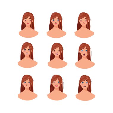 Kızıl saçlı güzel bir kadının etkileyici portreleri koleksiyonu. Mutluluktan üzüntüye, öfkeden sürprize. Farklı ifadeli bir kadın.
