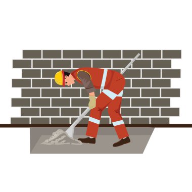 İnşaat devam ediyor. Üniformalı ve kasklı bir adam büyük bir kürekle kazıyor.