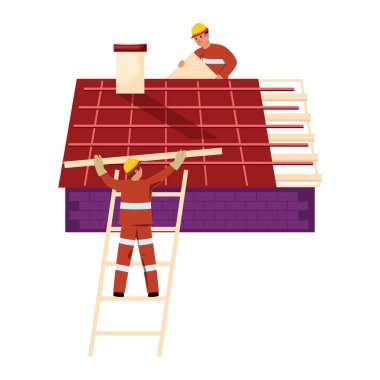 Roofers diligently shingle a roof, ensuring durability and protection against the elements clipart