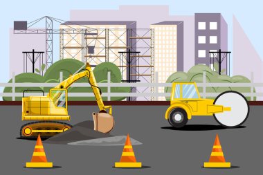 Illustration of construction site with excavator, roller and cones, buildings and crane in the background