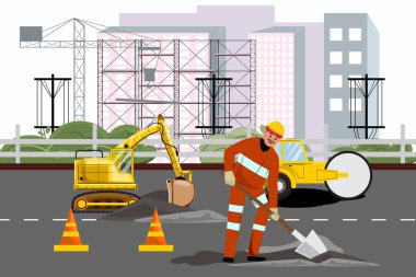 Worker digging at a construction site with excavator and roller driving behind him