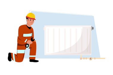 Worker in a protective helmet carefully prepares a heating system, ensuring all components are correctly installed . clipart