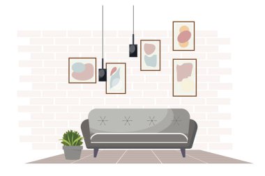 Living room illustration with grey couch, plant, framed pictures, decorative lamps, and brick wall background in pastel colors