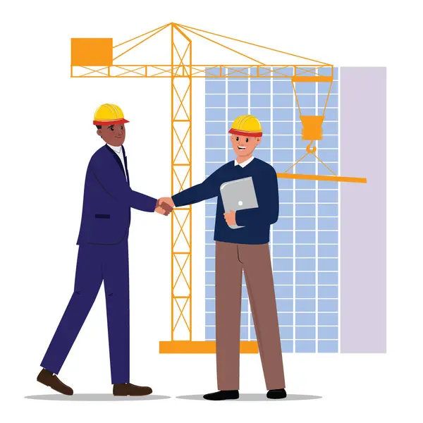 Architect and worker in protective helmets shaking hands, with crane and high-rise building in the background.