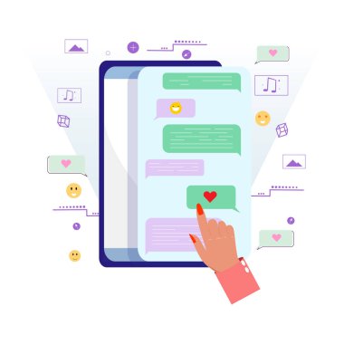 Renkli mesajlarla dolu bir sohbet ekranı görüntüleyen bir akıllı telefonla el etkileşimi 