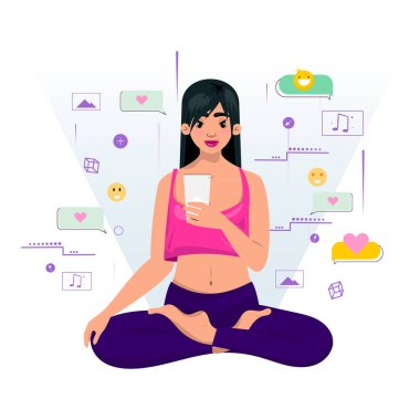 Genç ve güzel bir kız Lotus pozisyonunda oturuyor, cep telefonu kullanıyor. Sosyal medya simgeleri, kalpler, gülümsemeler ve müzik notaları da dahil olmak üzere, arka planda onun etrafında süzülerek çevrimiçi bağlılığı ve bağlantıyı sembolize ediyor