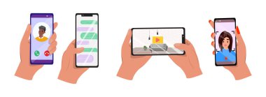 Akıllı telefonları tutan çeşitli eller. Erkek ve kadın elleri telefonları telefon görüşmeleri, sohbet etmek, video izlemek ve selfie çekmek için kullanıyor. Akıllı telefon kullanımı, sosyal medya ve dijital dünya kavramı