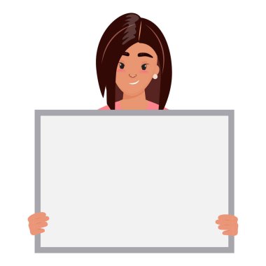 Önünde boş bir tahta tutan genç ve mutlu bir kadın tasviri.