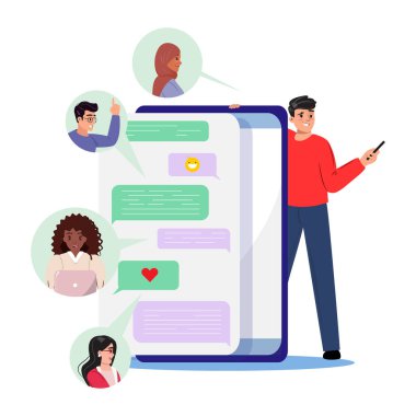 Adam cep telefonu kullanıyor ve büyük akıllı telefonun yanında duruyor. İnternette sohbet ediyor. Kabarcık konuşmaları yapıyor.