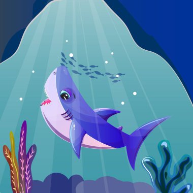 Mağaranın ortasında küçük şirin bir mor köpekbalığının olduğu sualtı sahnesi. Seagrass dipte büyür, deniz ortamını güçlendirir.