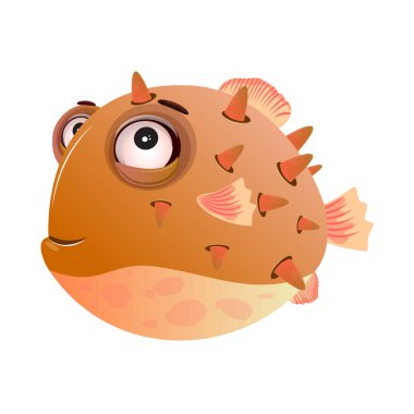 Dikenli, büyük gözlü, kahverengi ve turuncu tonlarda tatlı balon balığı.