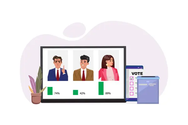 stock vector Three candidates on a screen with ratings, a woman in the lead. Voting box and plant next to the screen. Election concept