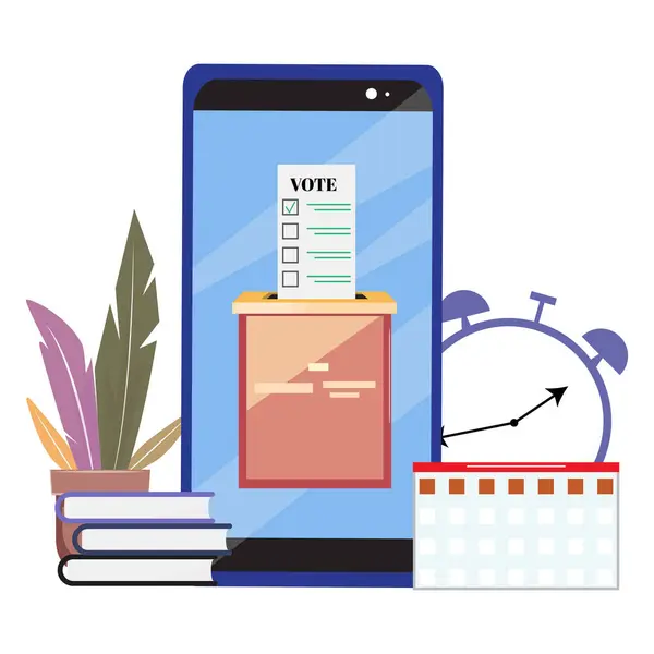 stock vector Illustration of a cellphone with a voting application on its screen, displaying a vote box and a voting paper with checkboxes