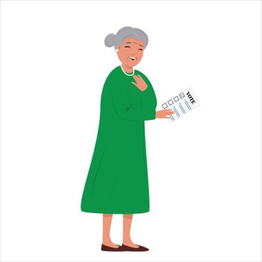 Happy elderly woman holding a voting paper, smiling and participating in the election clipart