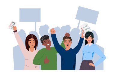 Gençler oy belgeleri ve baş parmaklarıyla kutluyor, arka planda kalabalığın siluetini alkışlıyorlar. 