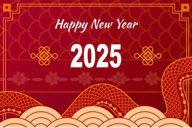 Kırmızı yatay pankartta Mutlu yıllar 2025. Bottoda bir yılan ve Çin tarzı dalgalar var.