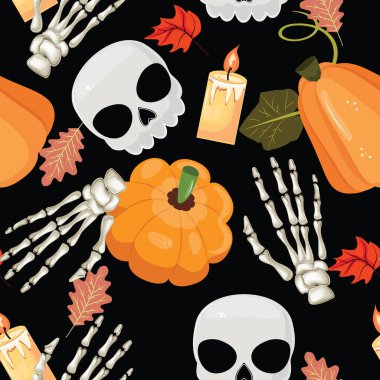 Kafatasları, balkabakları, yaprakları, iskelet elleri ve siyah arka planda mumları olan kusursuz Cadılar Bayramı deseni. Tekstil, kağıt, geçmiş ve kartlar için