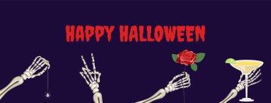 İskelet elli Cadılar Bayramı pankartı altında örümcek, içecek, gül ve barış işareti var.