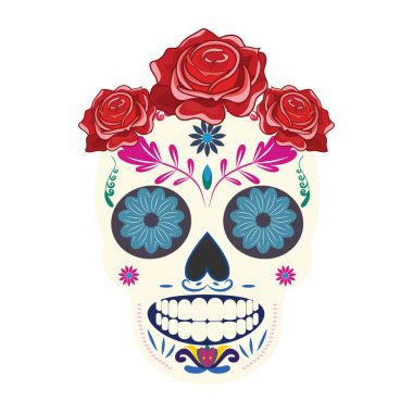 Renkli boyalı kafatası çiçeklerle süslenmiş, Meksika tarzı güllerle süslenmiş.
