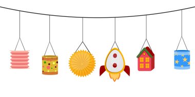 German St. Martins festive lanterns with colorful designs of rockets, houses, sun and stars clipart