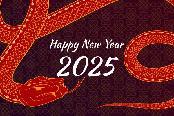Geleneksel sembollerle süslenmiş bir yılanla Çin Mutlu Yıllar 2025 afişi.