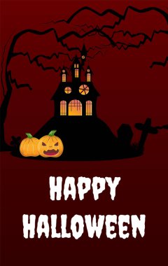 Cadılar Bayramı pankartı tepenin üstünde ürkütücü bir ev, mezarlık, ürkütücü ağaçlar ve bir balkabağı.