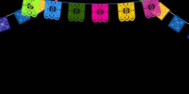 Siyah arkaplanlı uzun yatay boş pankart, Ölü Günleri için renkli picado çelengi