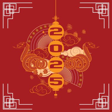 Fenerli, yılanlı, bulutlu, çiçekli ve kırmızı ve altın rengi yelpazeli Çin Yeni Yıl bayrağı.