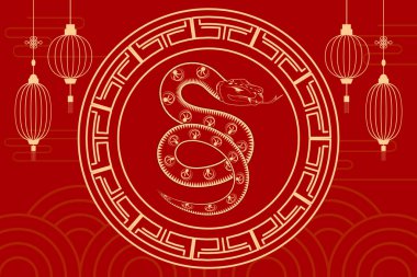 Yılan, fener ve dalga desenli çin hatlarıyla yatay kırmızı ve altın pankart.