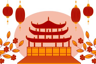 Beyaz arka planda bir saray, çiçekler, yapraklar ve fenerler ile Çin tarzı illüstrasyon