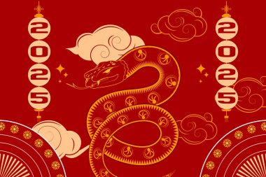 Yılanlı, fenerli ve 2025 yazılı, bulutlu ve el vantilatörlü yatay Çin Yeni Yıl afişi.