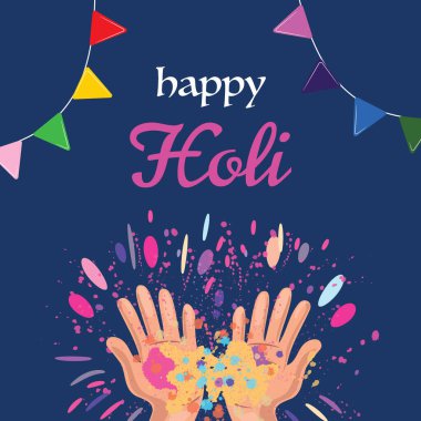 Elleri renkli pudra, Mutlu Holi metni ve mavi arka planda dekoratif çelenkler atan Square Holi afişi.